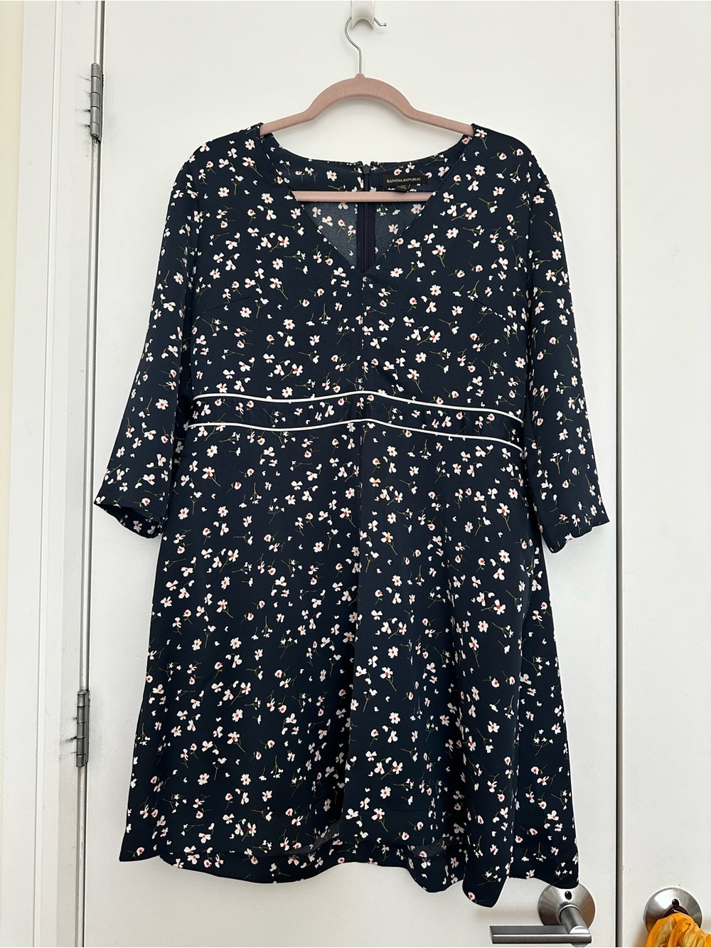 Banana Republic Navy Floral Midi Dress with White Piping